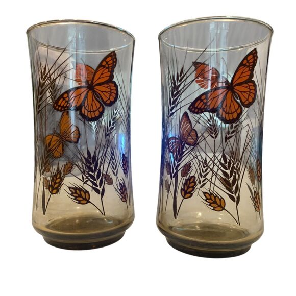 Vtg Libby Drinking Juice Glass Set of 2 Monarch Butterfly Wheat Orange MCM 12 oz - Picture 3 of 5